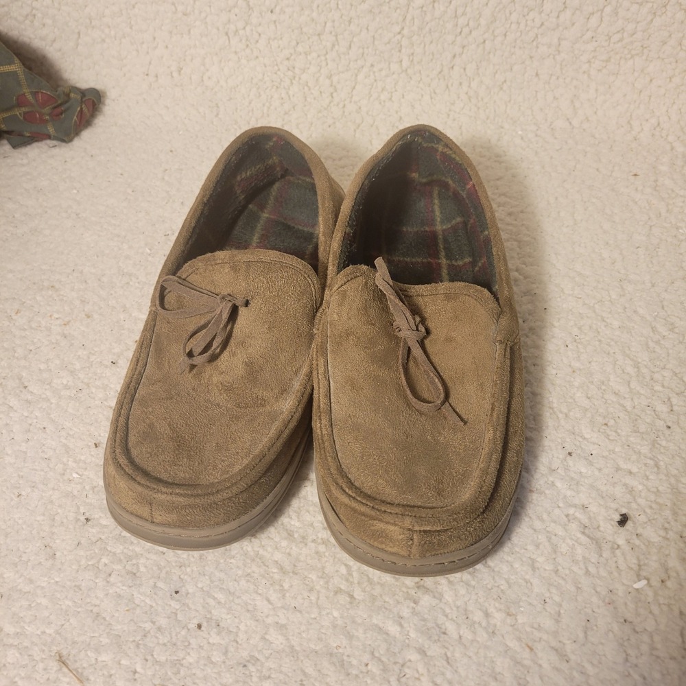 Stafford Essentials Mens Tan Brown Faux Suede Moccasin‎ Slippers Size L 9.5-10.5